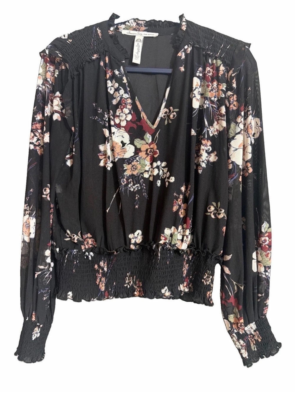 Beautiful American Rag Cie Dark Romantic Floral Blouse lined flowy drape Sz L
